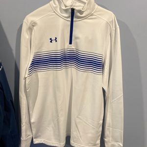 Under Armour 1/4 Zip classic white with blue striped piping. Never worn